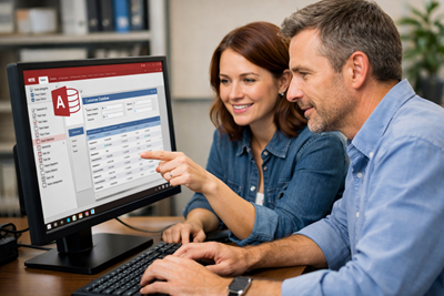Man And Woman Working On A Computer With Microsoft Access Displayed For Tech Talk