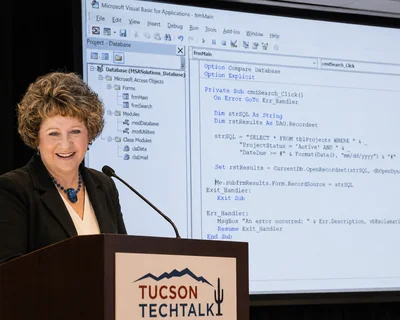 Alison Balter presenting a Tucson TechTalk on Microsoft Access Visual Basic for Applications code