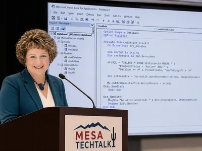 Alison Balter presenting a Mesa AZ Microsoft Access TechTalk session with VBA code on screen