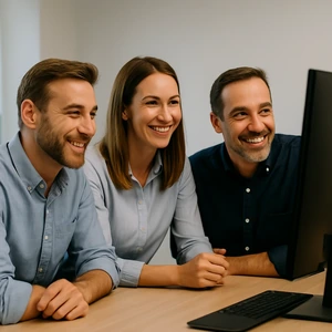 Business team of happy clients collaborating beside a computer monitor